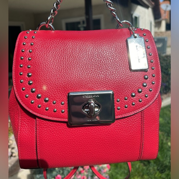 COACH Cassidy Pebble Leather Border Rivets Backpack/Top Handle inBright Cardinal - Picture 6 of 14